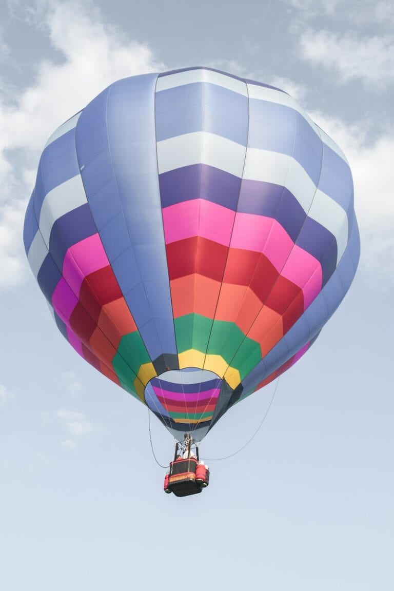 Colorful hot air balloon floating against a clear blue sky.